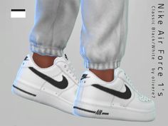 a pair of white sneakers with black nike air force 1s on the bottom are shown