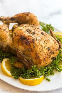 a whole chicken on a white plate with lemons and parsley around the edges