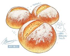 three round breads with powdered sugar on them