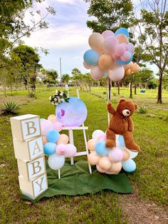 a teddy bear sitting on top of a green field next to balloons and a sign