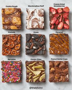 the different types of desserts are shown in this image, including brownies and pretzels