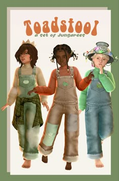 three children wearing overalls and hats are standing in front of a sign that says toadstoot