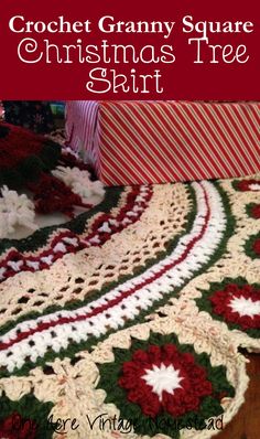 the crochet granny square christmas tree skirt is laying on top of a table