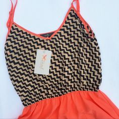 New Thml Coral Black & Tan Chevron Print Dress Brand New Condition Attached Solid Bright Coral Color Skirt Waist Is Elastic Coral Straps Are Adjustable Lightweight, Almost Sheer Dress Has No Liner Great As A Swim Cover-Up!! Measurements Shoulder: 11" Pit To Pit: 16.75" Full Length: 35.25" Orange Summer Sundress For Party, Trendy Orange Beach Dress, White Tiered Dress, White Tunic Dress, Hole Dress, Chevron Print Dresses, Thml Clothing, Yoke Dress, Sleeveless Shirt Dress