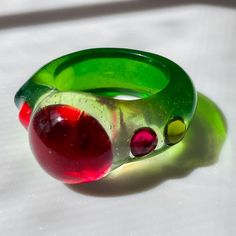 No.022 Red cherry jelly day   find me : ring / resin ring / resin jewelry / art ring / unique ring / toy jewelry / chunky ring / rainbow ring / lucky item / pick a ring / fancy ring / fairy ring / colorful / magician ring Weird Rings, Chrome Jewelry, Cherry Jelly, Toy Jewelry, Maximalist Jewelry, 60s Toys, Great Pretender, Ring Resin, Dope Jewelry Accessories