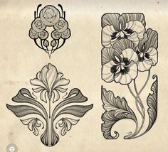 an old fashioned tattoo design with flowers and leaves on the upper half of each piece