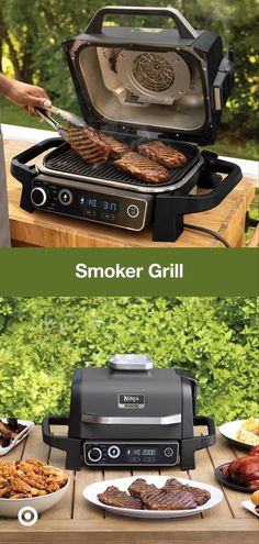 the grill is being used to cook steaks and other meats on the grill