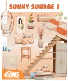 an advertisement for suny sunday, featuring furniture and decor on the stairs to the second floor