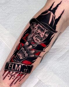 Horror Tattoo Designs, Freddy Krueger Tattoo, Halloween Tattoos Sleeve, Emo Tattoos, Horror Movie Tattoos, Chicano Tattoos Sleeve, Pink Tattoo, Movie Tattoo