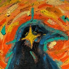 an abstract painting of a black bird with orange, yellow and blue colors on it's face