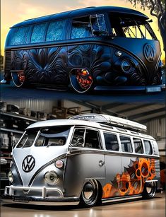 the vw bus is painted with orange flames