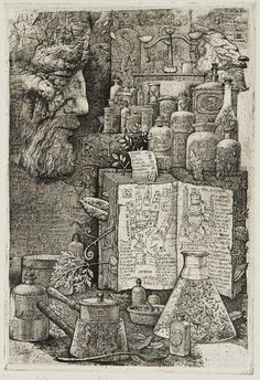 an old book is surrounded by vases and other items in black ink on white paper