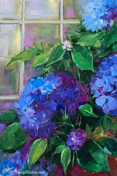 a painting of blue and purple flowers in a vase