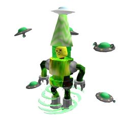 a green and white robot surrounded by flying objects