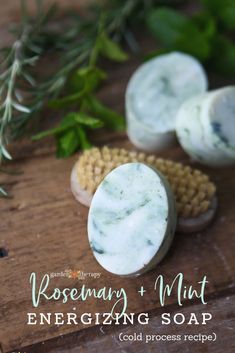 rosemary mint energizing soap recipe on a wooden table with herbs and seeds