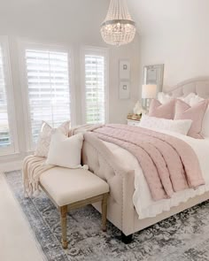 a bedroom with white furniture and pink bedding on the bottom row is featured in an instagram