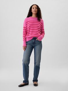 Soft cotton knit. Dropped shoulder, long sleeves with ribbed cuffs. Ribbed crewneck. Ribbed hem. Allover stripes. #617706 Cotton Knit, Crewneck Sweater, Crew Neck Sweater, Drop Shoulder, Sweaters & Cardigans, Cardigans, Gap, High Neck, Sweaters For Women