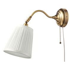 a wall light with a white shade on the side and a gold arm, against a white background