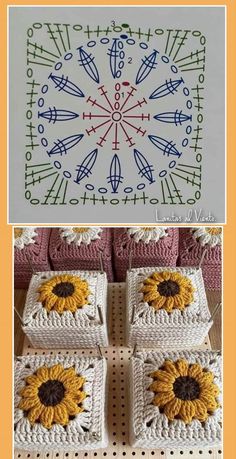 crocheted sunflowers are shown on the table and in front of them