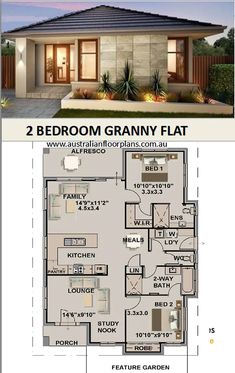 two bedroom granny house plan with 2 bathrooms and an open floor plan for the living room