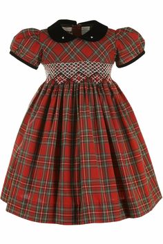 PLAID PARTY SHORT SLEEVE YOKE DRESS - Carriage Boutique Hand Smocking, Girls Fall Dresses, Plaid Party, Long Outfit, Smocked Clothes, Yoke Dress, Red Plaid Dress, Dresses Holiday, Girls Holiday Dresses