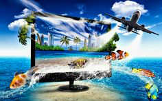 an airplane is flying over the ocean with fish in front of it and a tv screen