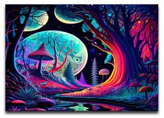 a painting of trees and mushrooms in the night sky