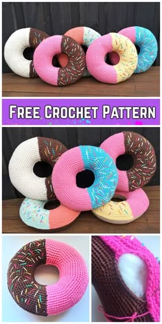 crocheted donuts are stacked on top of each other with the words free crochet pattern