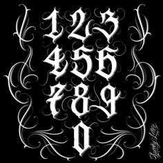 the letters and numbers are all hand drawn in white ink on a black background with swirls