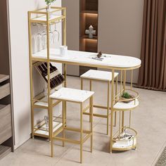 a dining table with three stools and a wine rack