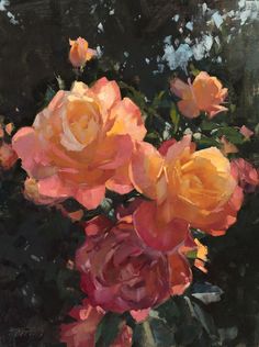 an oil painting of pink and yellow roses