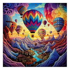 a painting of hot air balloons flying in the sky