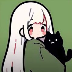 a girl with white hair holding a black cat