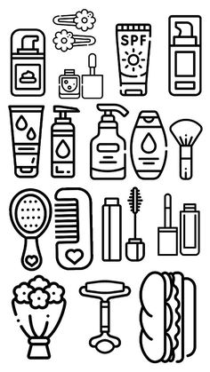 a black and white image of different types of hair care products on a white background