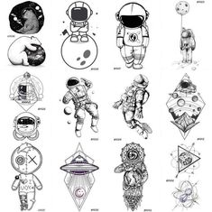 an image of different types of space suits and their names in black ink on white paper