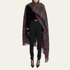 Saint Laurent tartan draped cape scarf Oversized fit May be style multiple ways Frayed hem Mohair/wool Professional cleaning recommended Made in Italy