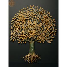 a golden tree with roots and leaves on a black background is featured in this image