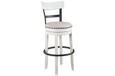 a white and black bar stool with an upholstered seat on the backrest