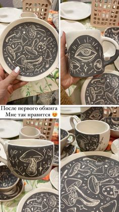 four different pictures show how to decorate dishes with chalk paint on the plates and cups