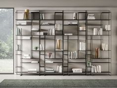 a book shelf filled with lots of books on top of a carpeted floor next to a window