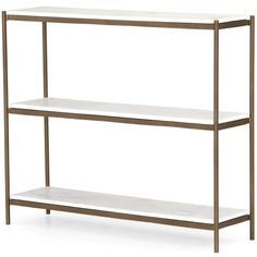 the shelf is made from metal and has two shelves on each side, one with marble top