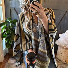 Featuring Lightweight But Warm Knit Material Patterned With A Dark Gold, Brown And Grey Hued Aztec Print, Open Side Sleeves, And An Ultra Draped Open Front Silhouette That Falls Into A Straight Mid-Thigh. + Acrylic Yarn + Open Pullover Style + One Size Fits All Brand New With Tags! If You Love Free People, Johnny Was, Spell & The Gypsy Collective Or Anthroplogie Style - Check Out Our Closet! Fall Winter Native Cardigan Sweater Pendleton Westerly Harding Cowichan Native American Aztec Print Ralph Tops Fall Outfits, Blanket Cardigan, Beach Wedding Gown, Sweater Wrap, Summer Beach Wedding, White Lace Blouse, Lace Beach Wedding Dress, Ralph Lauren Style, Wrap Shawl