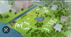 the park map is shown with trees and buildings