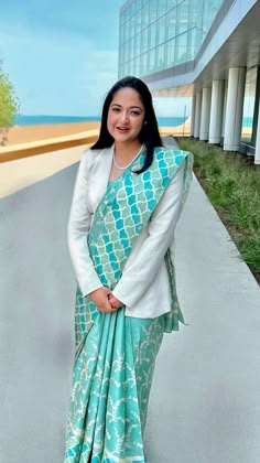 Saree With Blazer Blouse, Saree With Overcoat, Formal Blouses For Women Saree, Saree Office Look, Indian Formals, Blazer Blouse Saree, Blazer Over Saree, Formals For Women Office, Christmas Saree Ideas