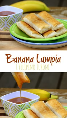 banana lumpa is being drizzled with syrup on a plate next to bananas