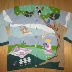 We Have A Women's New With Tag Sweater By Storybook Knits! Button Down. Little Girl. Teddy Bear. Bird. Cute Buttons. Size Large And Measures 19" From Shoulder To Shoulder, 19" From Shoulder To End Of Sleeve, 22" From Armpit To Armpit, 22" Across Opening At Bottom Of Sweater And Is 26" In Total Length. Super Cute Sweater By Storybook Knits! **Cl** Cute Cartoon Print Spring Sweater, Storybook Knits Sweater, Knit Dinosaur Sweater, Weirdcore Clothes Sweaters & Cardigans, Vintage Cat Sweater, Teddy Bear Girl, Knitting Women Sweater, Cute Sweaters, Knit Sweater Cardigan