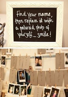 two pictures hanging on clothes pins with the words find your name then replace it with a polaroid photo of yourself smile