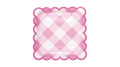 a pink and white checkered paper plate with scalloped edges on a white background