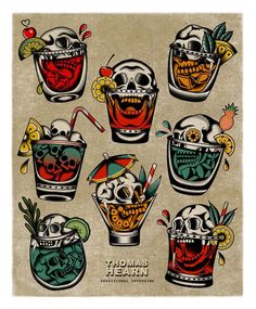 a poster with skulls and cocktails on it