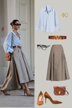 Khaki Office Outfit, Sky Blue Bag Outfit, Sky Blue And Brown Outfit, Long Brown Skirt Outfit Summer, Blue Shirt With Skirt, Work Outfits Women Long Skirt, Long Skirt Business Outfit, Old Money Outfits Skirt Long, Spring Dress Outfits 2024